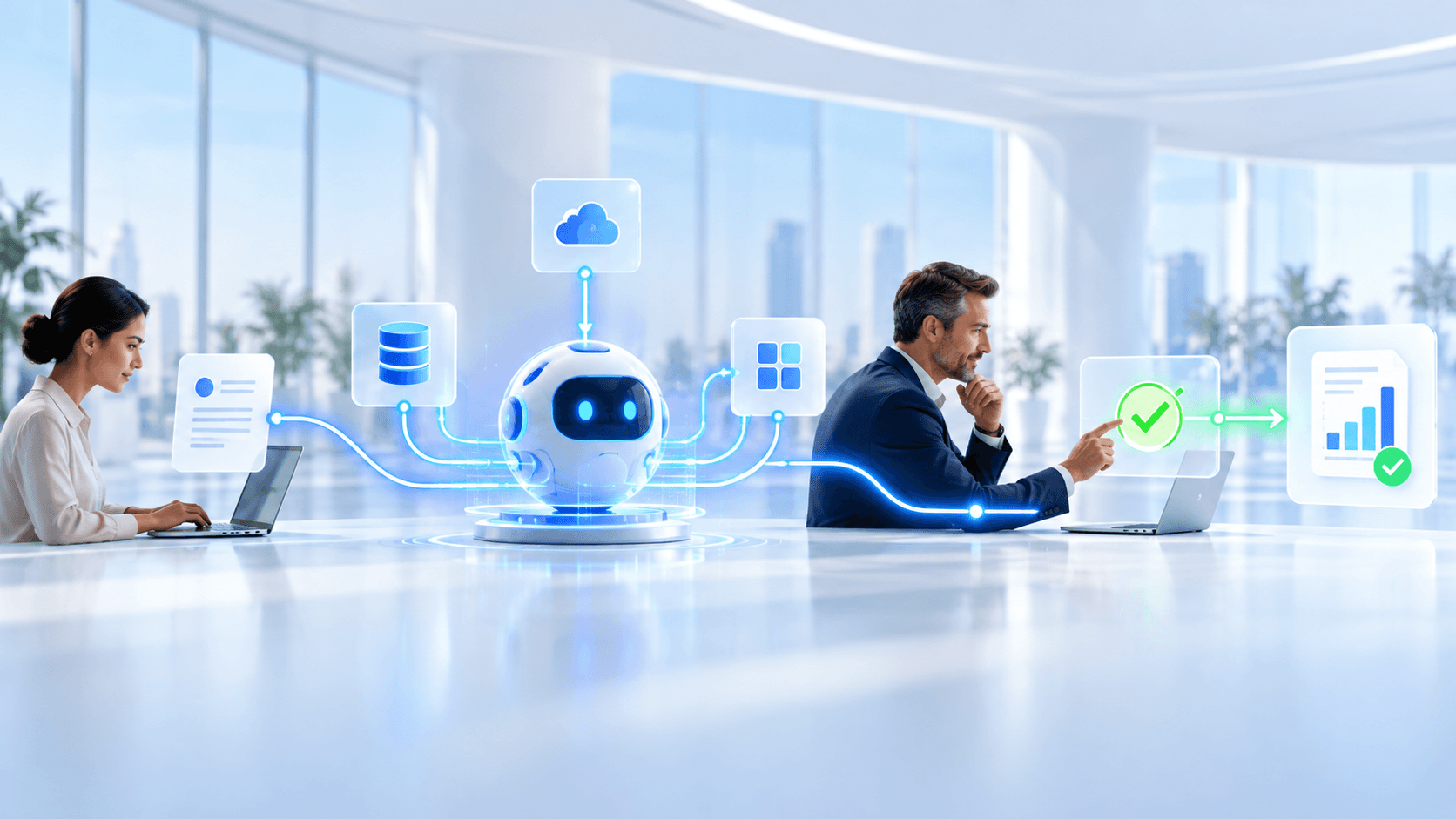 Agentic AI coordinates business software tools while a team member reviews and approves the workflow.
