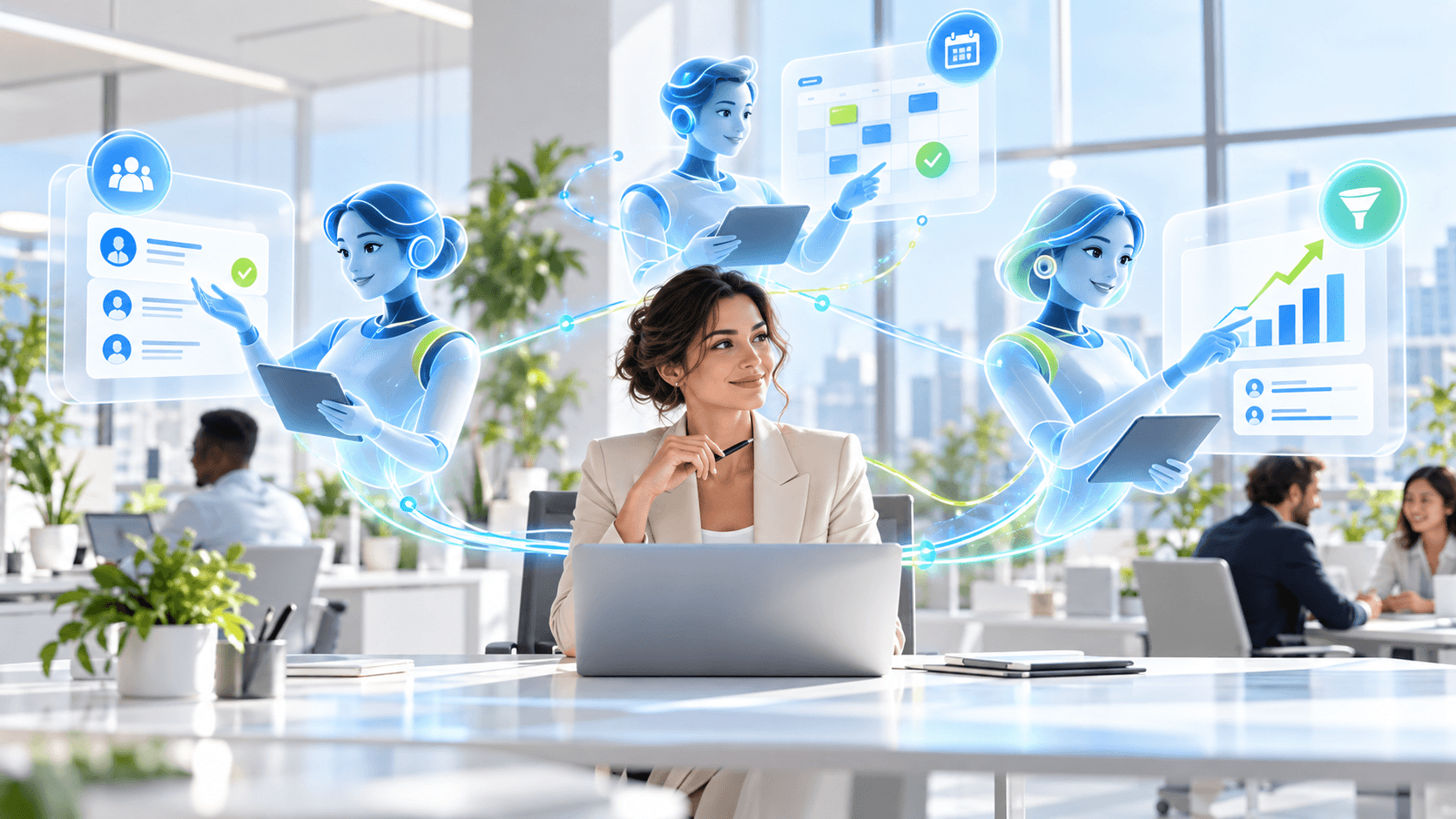 A business professional coordinates AI digital coworkers supporting HR onboarding and sales workflows.