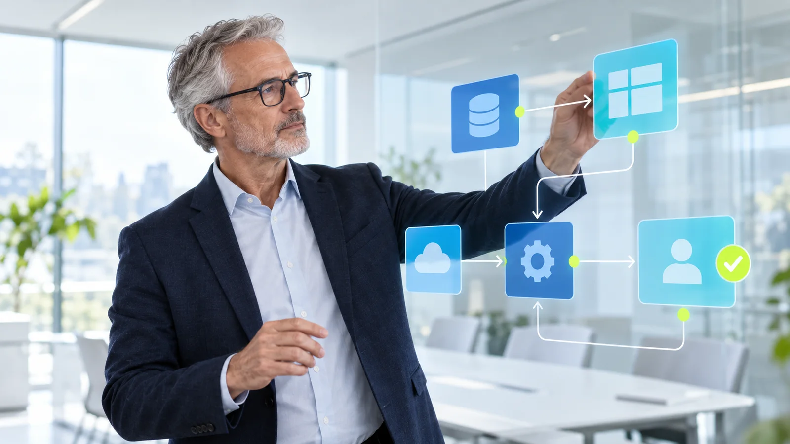KI-gestützte Workflows: Ein IT-Architekt verbindet Datenplattformen, Geschäftsanwendungen und menschliche Freigaben.