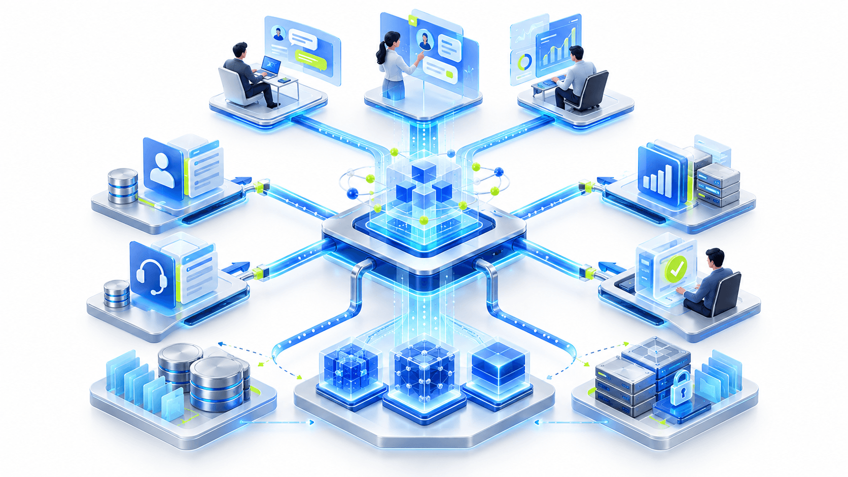 Enterprise AI architecture connecting teams, business applications, data platforms, AI orchestration, and human approvals.