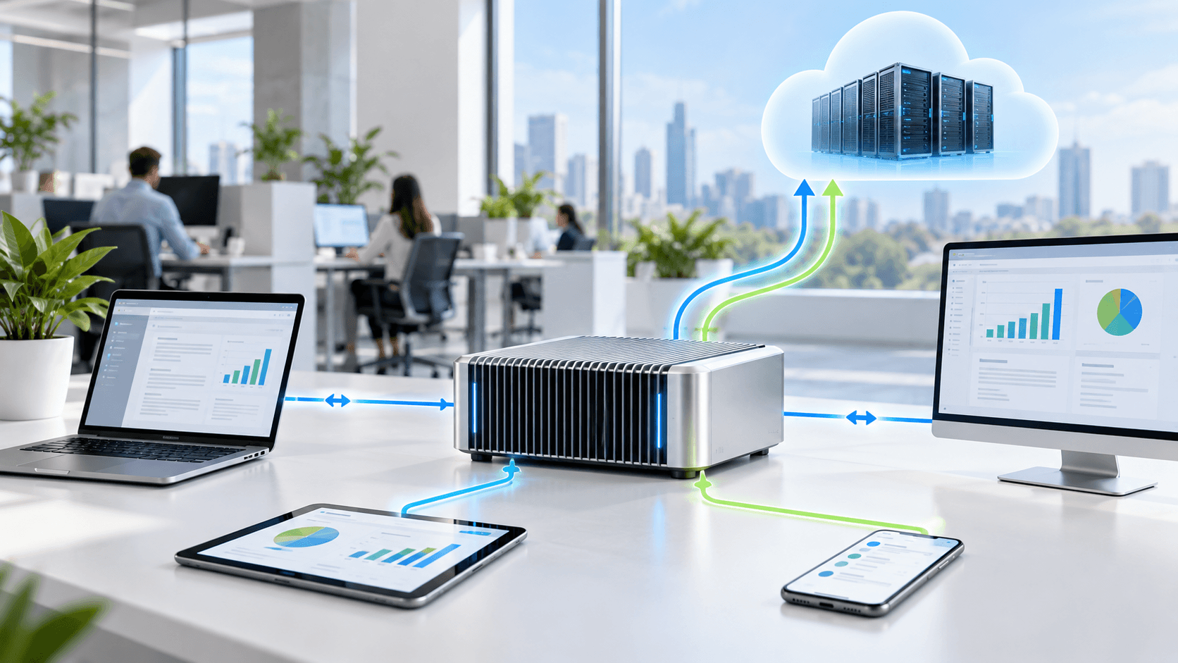 Small Language Models (SLMs) run on compact on-premise enterprise hardware alongside cloud AI services.